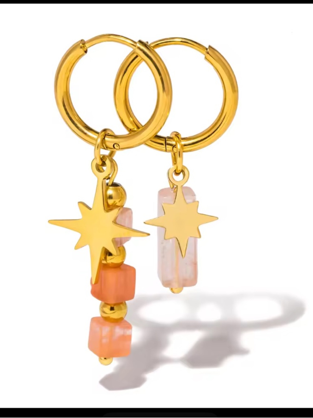 Gold Hoop Earrings with Pink and Coral Star Charms
